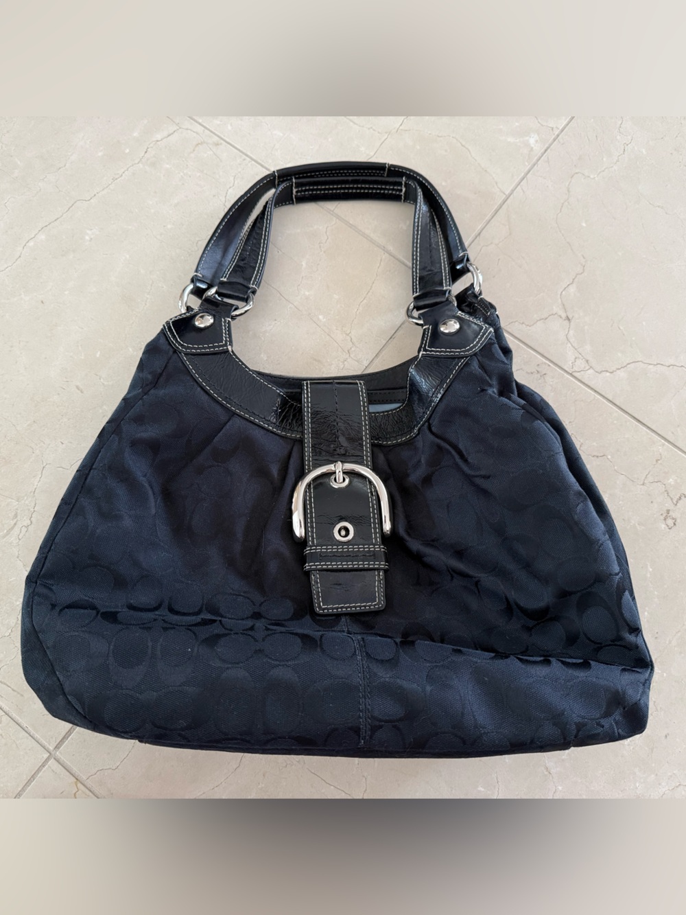 Coach Vintage Black Signature Shoulder Bag with Buckle Detail